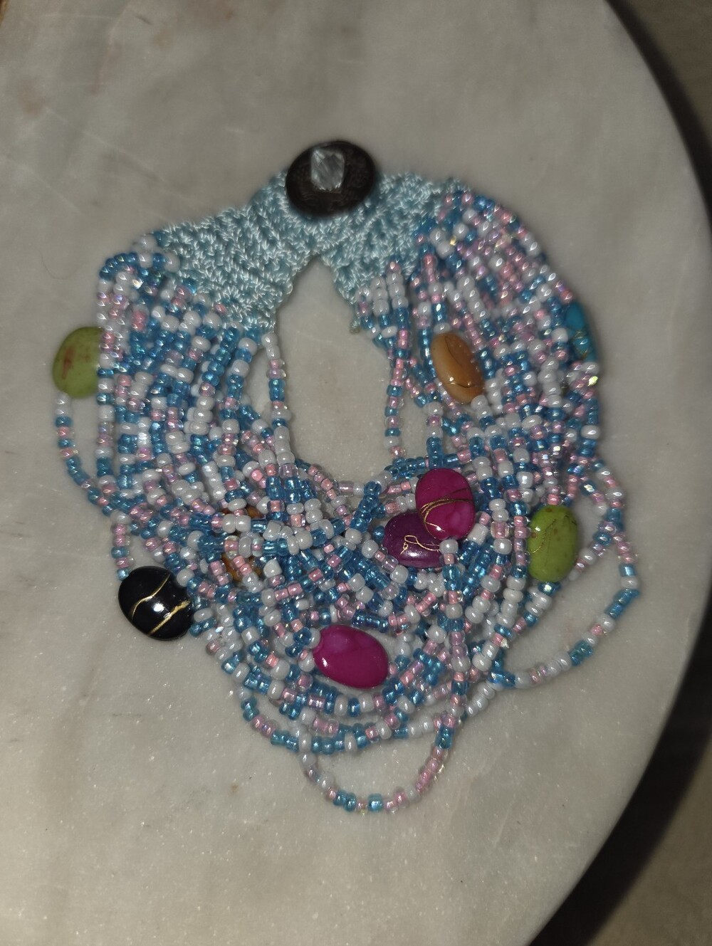 Handcrafted Blue & Pink  Beaded Statement Bracelet with Colorful Plastic Accents